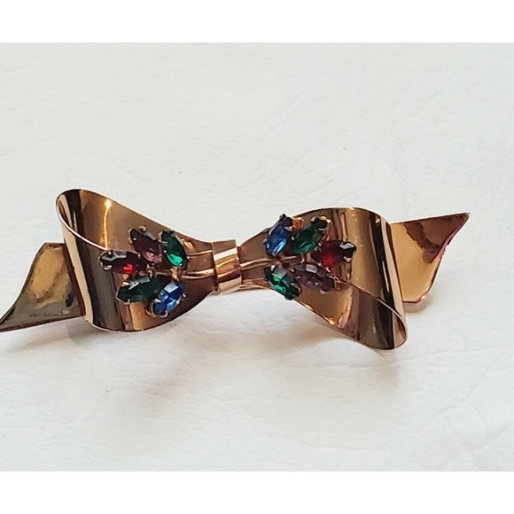 Rare Vintage Signed Coro Sterling Craft Multi-Color Rhinestone Bow Brooch Pin - Picture 4 of 8